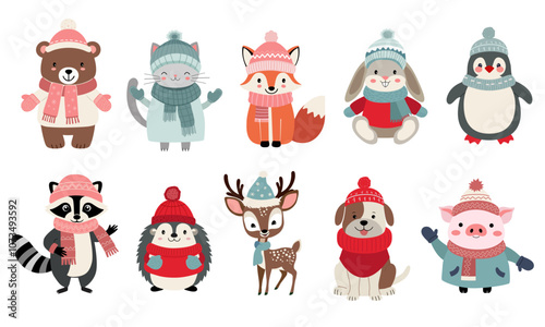 Set of cute animals in winter clothes. Bear, squirrel, penguin, pig, dog. Thickly clothed pets. Winter animals.