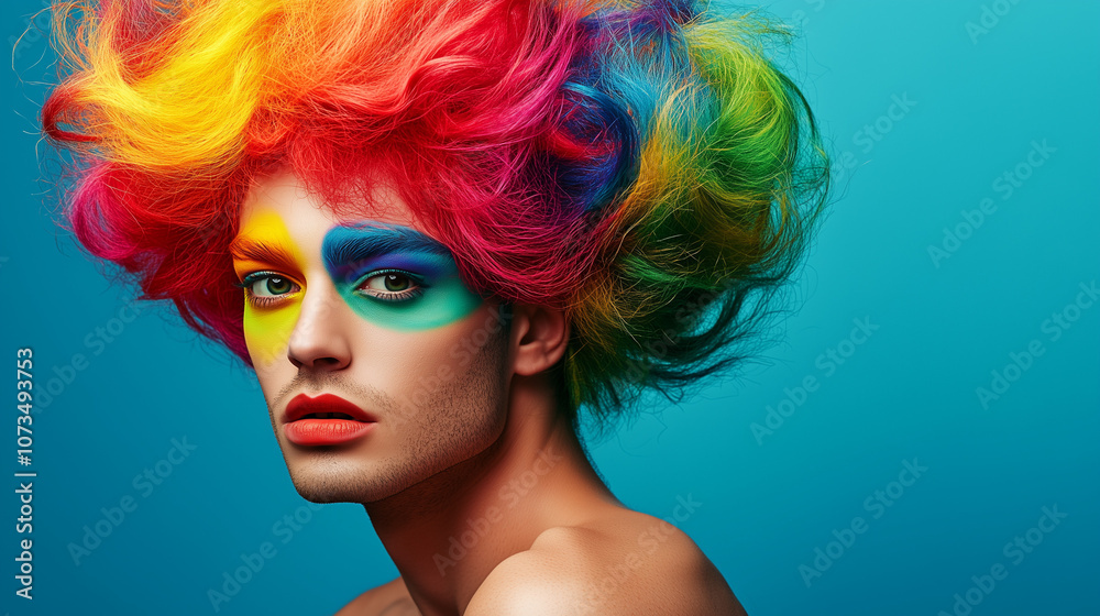 A man with a brightly colored, voluminous wig and expressive makeup. This image can convey gender fluidity and the freedom to embrace different forms of expression A man with a brightly colored, voluminous wig and expressive makeup. This image can convey gender fluidity and the freedom to embrace different forms of expression