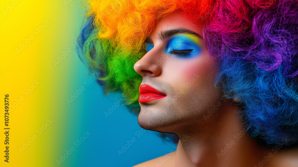 A man with a brightly colored, voluminous wig and expressive makeup. This image can convey gender fluidity and the freedom to embrace different forms of expression A man with a brightly colored, voluminous wig and expressive makeup. This image can convey gender fluidity and the freedom to embrace different forms of expression