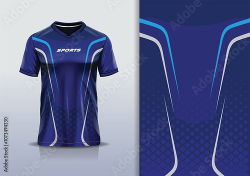 Sport jersey design template mockup curve line diamond pattern for racing, running, esports, blue navy gradient color