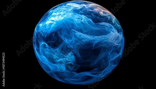 Abstract globe encircled by swirling blue waves, representing global network and commerce, generative AI styling, vibrant color scheme, highresolution digital art photo