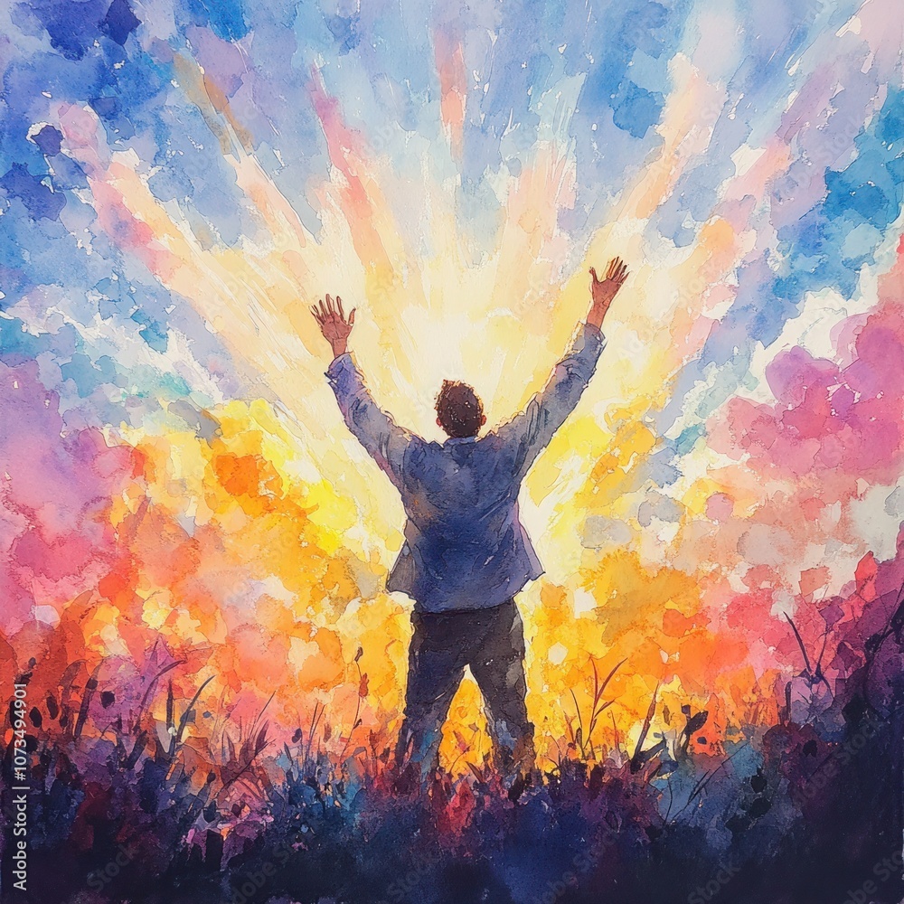 Joyful Figure Amidst Vibrant Watercolor Landscape Joyful Figure Amidst Vibrant Watercolor Landscape