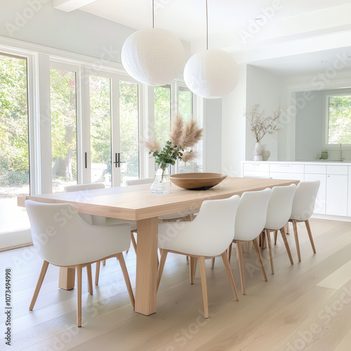 spacious dining room with wooden table and white chairs, featuring decorative bowl and elegant lighting, creates serene atmosphere