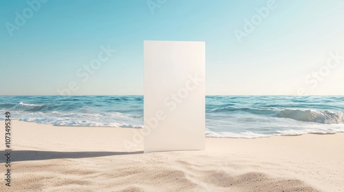 Serene Summer Promotions - Empty Standee Mockup on Sandy Beach with Gentle Waves for Travel Ads