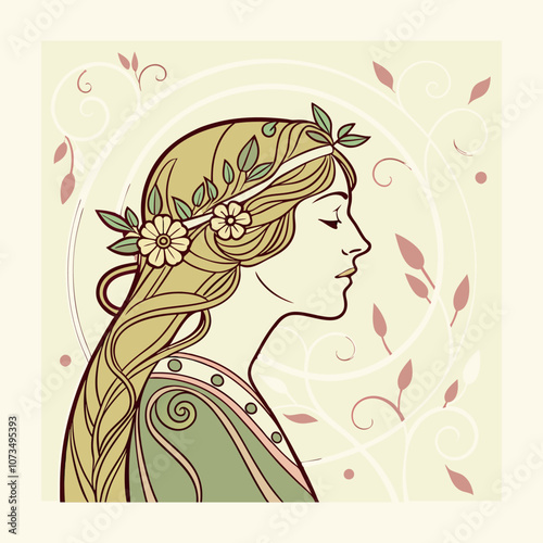 Graceful Woman with Flowing Hair and Floral