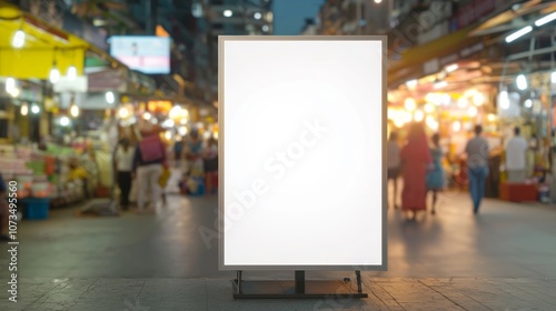 Dynamic Standee Mockup in Lively Marketplace for Local Advertising Poster Display | Ultra-Detailed Commercial Showcase Backdrop