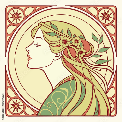 Graceful Woman with Flowing Hair and Floral