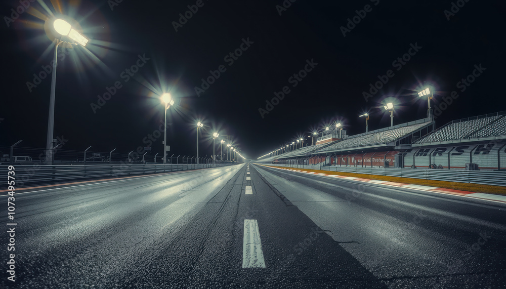 nighttime view of race circuit with illuminated track and grandstands, showcasing empty road ahead and bright lights creating dramatic atmosphere