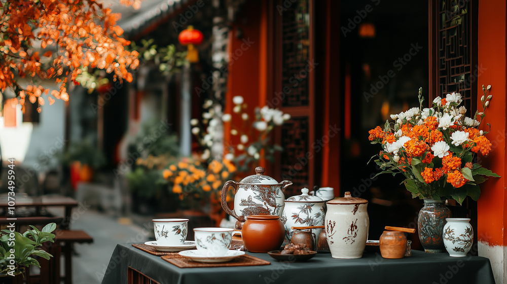 Tranquil Tea Ceremony: A traditional tea set adorned with delicate floral patterns sits serenely on a table draped in black cloth. Tranquil Tea Ceremony: A traditional tea set adorned with delicate floral patterns sits serenely on a table draped in black cloth.