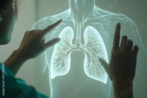 A holographic projection of the lungs on transparent screen