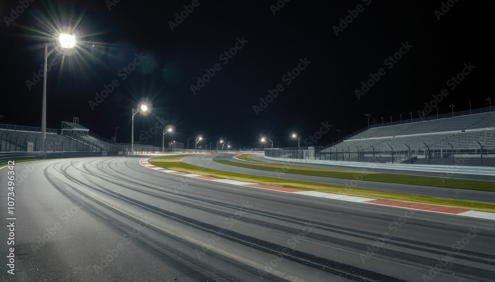 nighttime view of race circuit with illuminated track and grandstands, showcasing tire marks and smooth asphalt surface. atmosphere is dynamic and thrilling nighttime view of race circuit with illuminated track and grandstands, showcasing tire marks and smooth asphalt surface. atmosphere is dynamic and thrilling