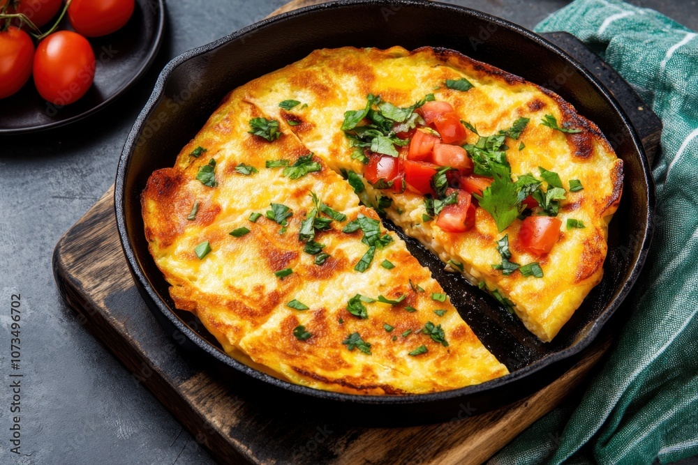Delicious Korean Gamja Jeon Served in a Cast Iron Skillet With Fresh Toppings and Vibrant Colors Delicious Korean Gamja Jeon Served in a Cast Iron Skillet With Fresh Toppings and Vibrant Colors