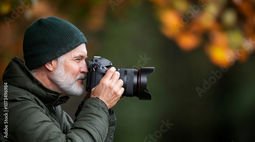 Senior photographer capturing autumn scenery outdoors