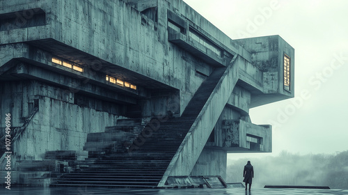 A solitary figure stands before a massive brutalist concrete structure on a foggy, overcast day, exuding mystery and solitude