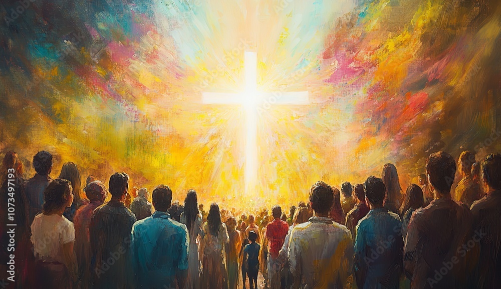 A Large Cross Radiating Light Surrounded by People of Different Backgrounds
A Large Cross Radiating Light Surrounded by People of Different Backgrounds
