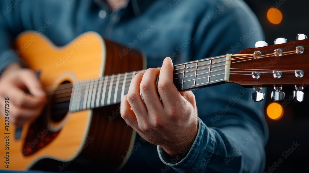 Fototapeta premium Close-up of a musician playing acoustic guitar
