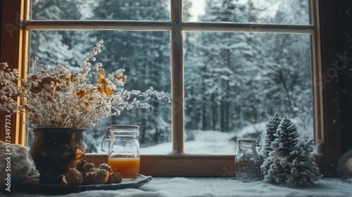Snowy Windowsill with Dried...