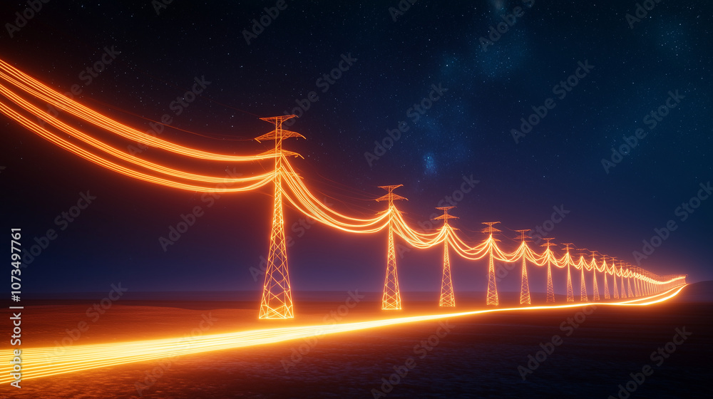 Fototapeta premium Power Towers at Night with Glowing Cables in Open Field