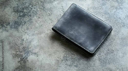A black leather wallet with a matte distressed finish, placed on a textured stone surface. The wallet has a rugged yet sophisticated look.