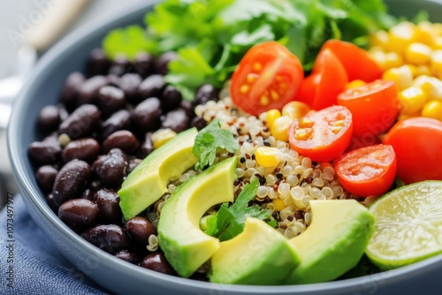 Delicious Quinoa Salad With Black Beans, Corn, Tomatoes, and Creamy Avocado for a Fresh Meal