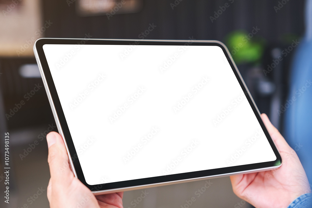 Mockup image of a woman holding digital tablet with blank desktop screen in cafe Mockup image of a woman holding digital tablet with blank desktop screen in cafe