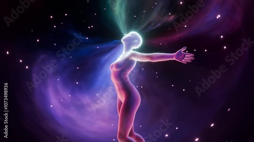 Spirit being flying around in the nebula Spiritual Awakening concept animation Soul experiencing Self Realization or Awakening