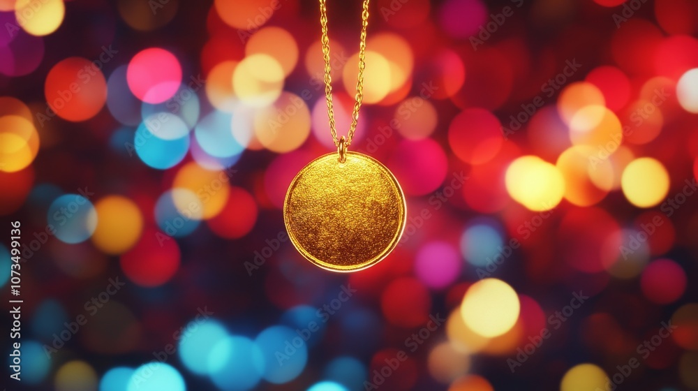 Discover the beauty of a shimmering gold pendant against a vibrant bokeh background Discover the beauty of a shimmering gold pendant against a vibrant bokeh background