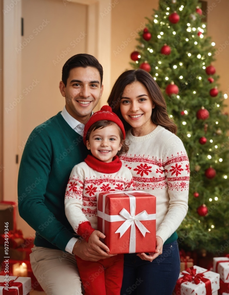 Family portrait celebrating Christmas. The family is positioned indoors in front of a decorated Christmas tree adorned with red ornaments Family portrait celebrating Christmas. The family is positioned indoors in front of a decorated Christmas tree adorned with red ornaments