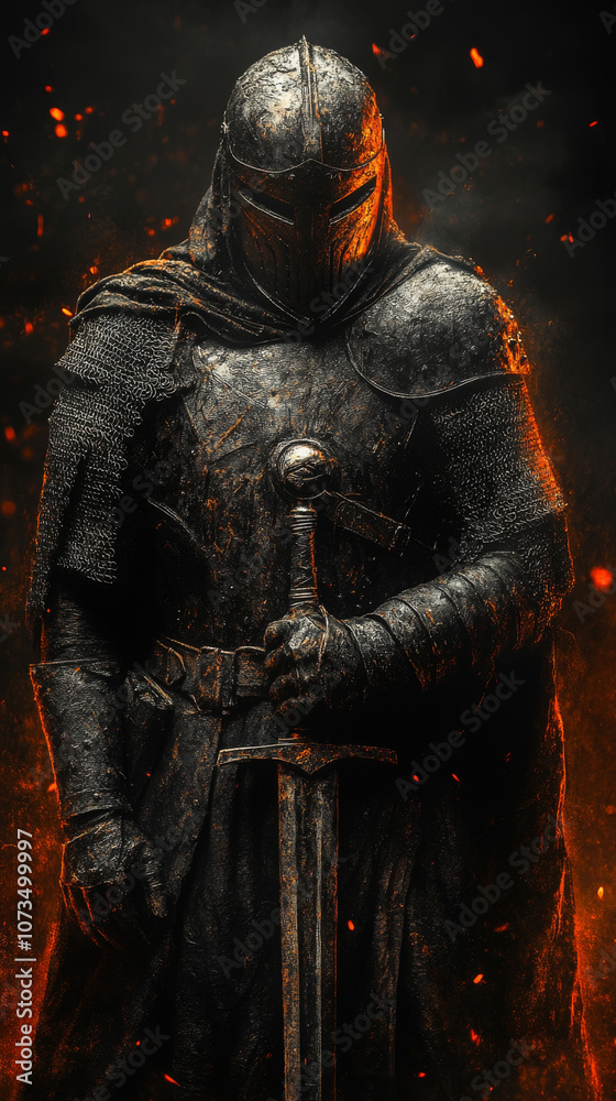 Fototapeta premium Knight with heavy sword on chest