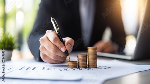 Businessman analyzing financial growth with stacked coins photo