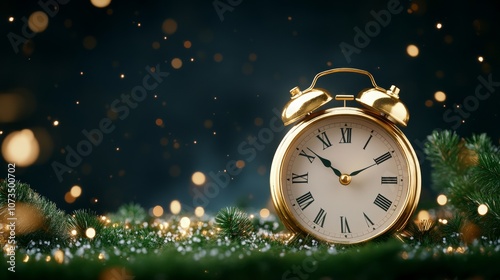 Vintage alarm clock surrounded by festive holiday decorations