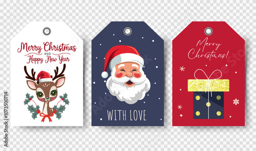 Christmas tags set with winter characters and elements. Happy celebrate xmas label, decorative elements.