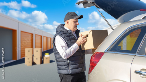 Man puts box in trunk car. Tenant of storage unit. Guy takes things from his personal storage. Man with car near street warehouse units. Guy unloads goods for safekeeping. Pantrys with orange gates photo