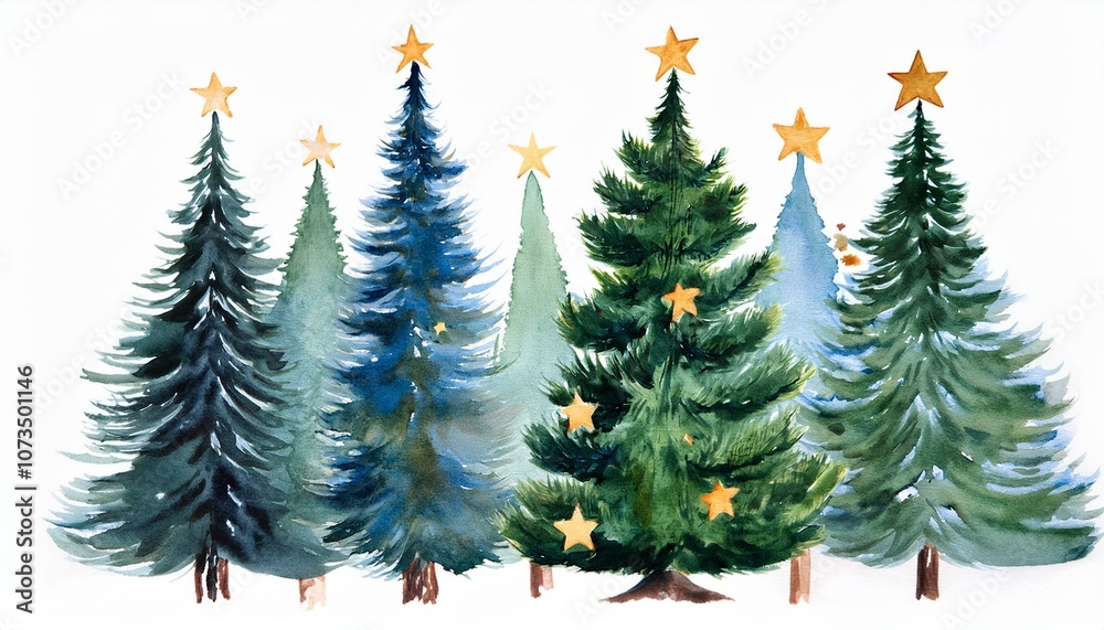 Obraz premium Watercolor fir trees with christmas stars isolated on white