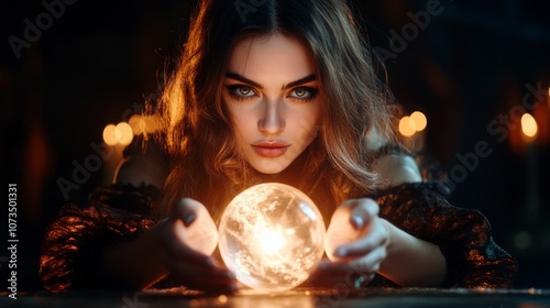 Enigmatic woman gazing into a glowing crystal ball