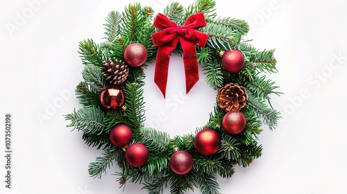 Christmas Wreath Isolated on White Background - a festive and charming visual. The Christmas wreath isolated on the white background creates a simple yet elegant look. It gives the impression of a hol