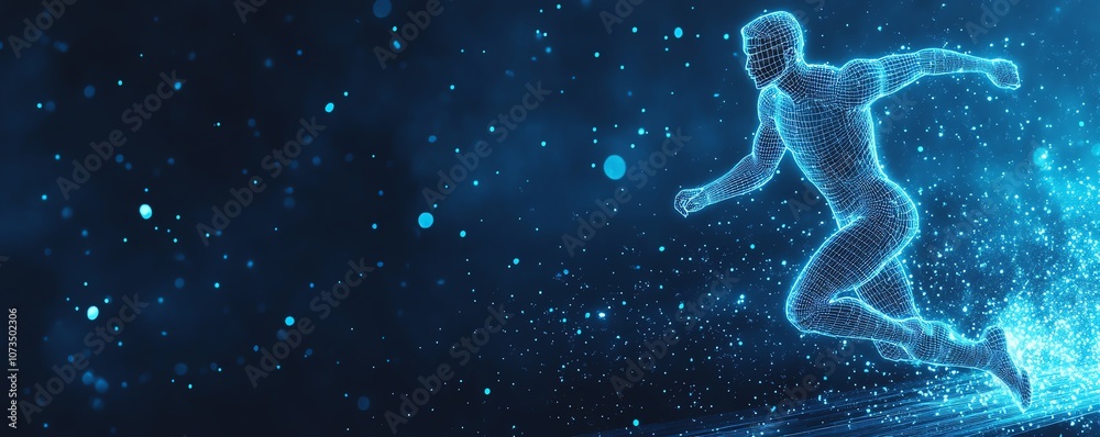 Athlete running in a blue glowing wireframe style, set on a dark blue background, representing a digital concept for sport training and exercise health care, Generative AI