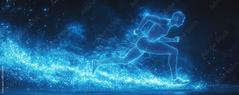 Athlete running in a blue glowing wireframe style, set on a dark blue background, representing a digital concept for sport training and exercise health care, Generative AI Athlete running in a blue glowing wireframe style, set on a dark blue background, representing a digital concept for sport training and exercise health care, Generative AI