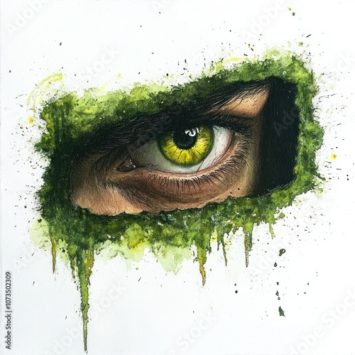 Green Watercolor Portrait of Person with Envious Stare
