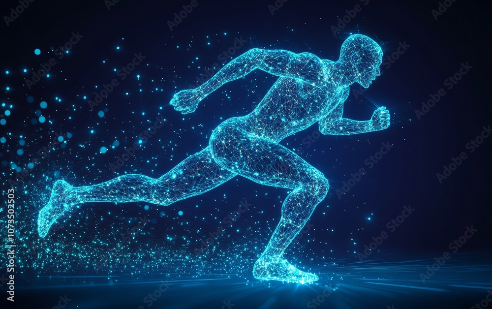 Blue glowing wireframe athlete in motion on a dark blue background, showcasing advanced technology for sports training, exercise, and health care, Generative AI Blue glowing wireframe athlete in motion on a dark blue background, showcasing advanced technology for sports training, exercise, and health care, Generative AI