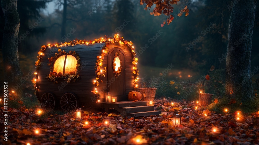 Enchanted autumn caravan illuminated by glowing lanterns Enchanted autumn caravan illuminated by glowing lanterns