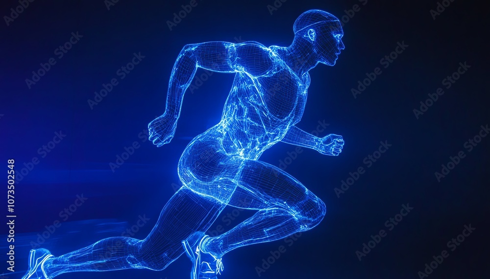 Blue neon wireframe of an athlete running, set against a dark blue background, embodying a futuristic concept for fitness, health care, and sports training, Generative AI Blue neon wireframe of an athlete running, set against a dark blue background, embodying a futuristic concept for fitness, health care, and sports training, Generative AI