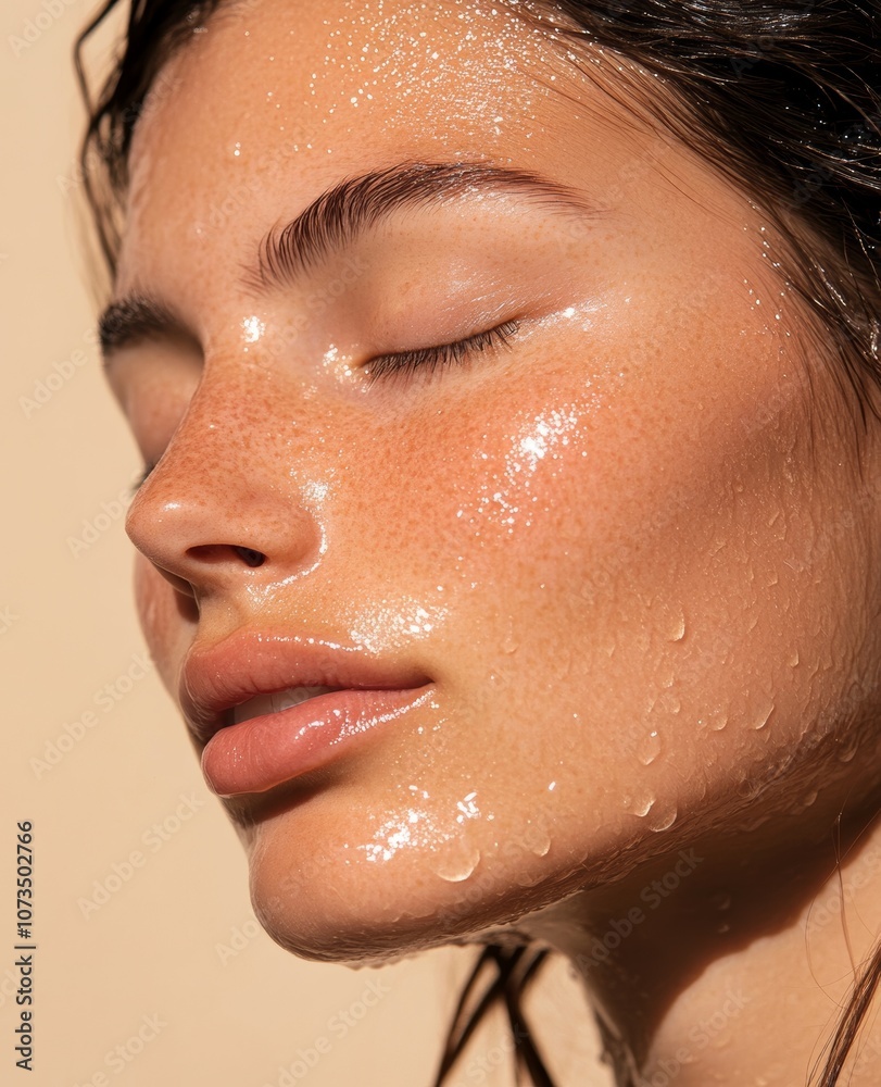 Fototapeta premium Close-up of freckled Caucasian female model, wet skin with glow
