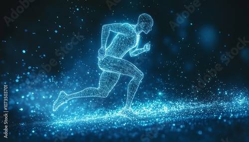 Digital blue glowing wireframe of an athlete sprinting