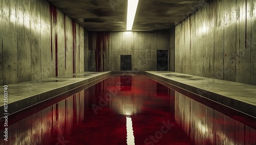 A Long Concrete Room with a Pool of Red Liquid on the Floor

 photo