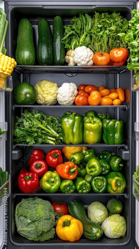 Large refrigerator fully stocked various fresh - vegetables some fruits Large refrigerator fully stocked various fresh - vegetables some fruits