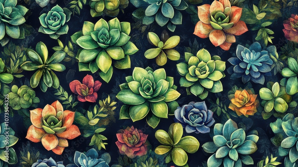 Fototapeta premium Vibrant succulent garden pattern with various colors and textures 