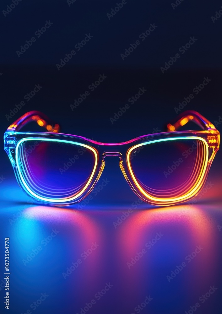 A pair of neon colored sunglasses are lit up in a dark room A pair of neon colored sunglasses are lit up in a dark room