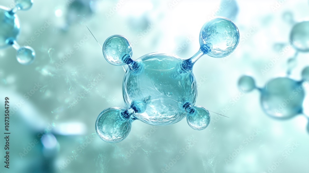 3D molecular model with transparent spheres, emphasizing scientific and biotechnological innovation.