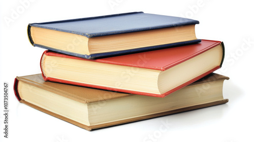 Stacked books in various colors, showcasing blue, red, and brown cover. Perfect for education, reading, or library themes